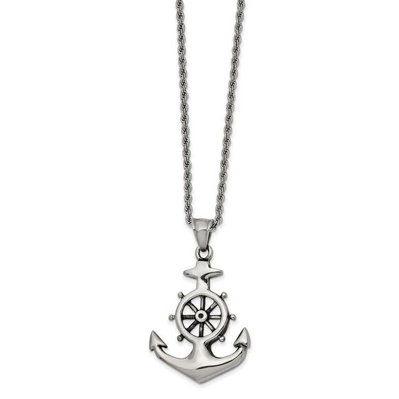 Men's Stainless Steel Antiqued Anchor & Wheel Necklace 24 Inch